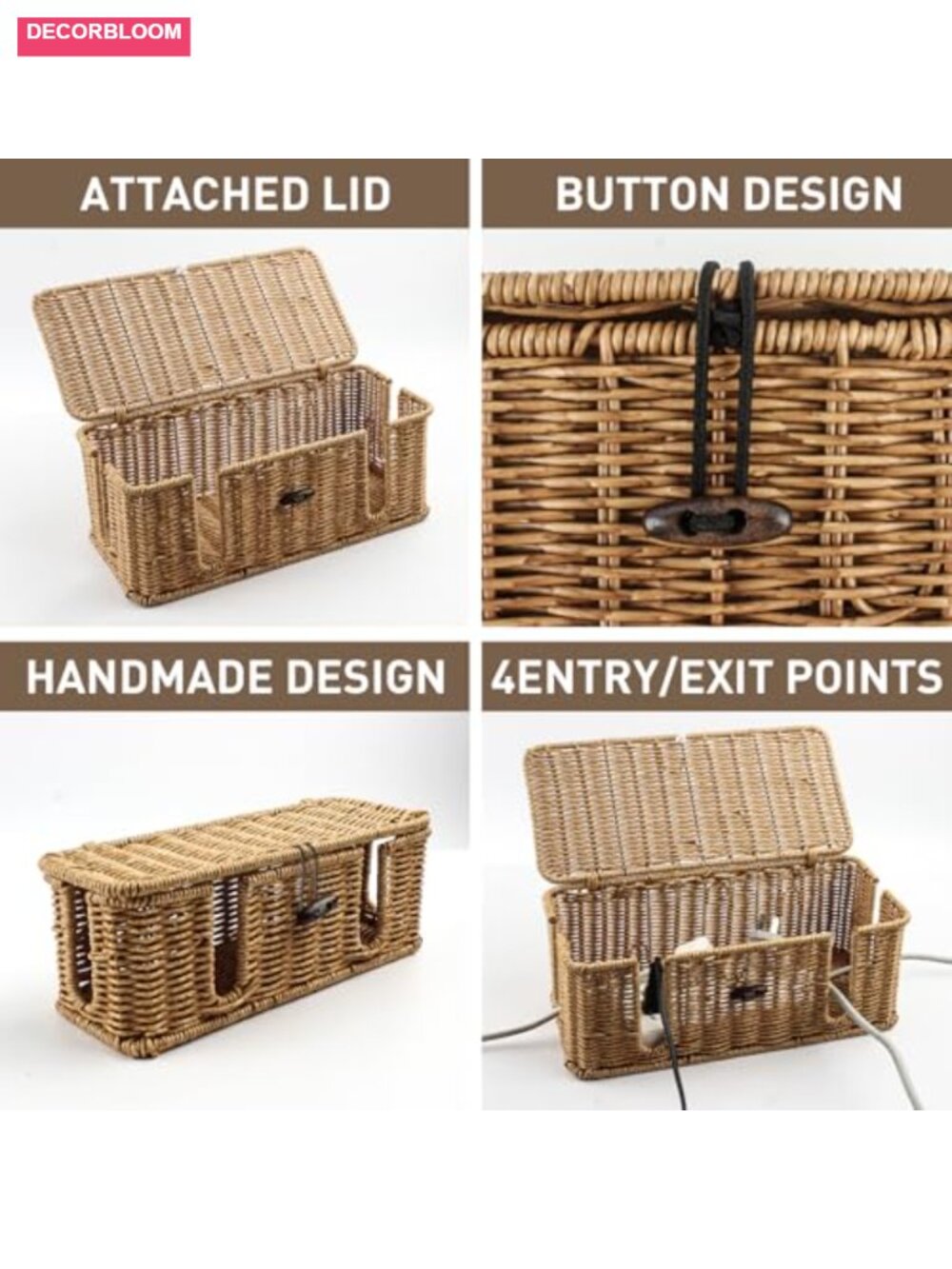 Rattan Cable Management Box Set of 2 Cord Organizer with Lid - Picture 5 of 5